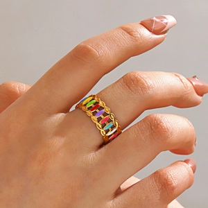 Rainbow enamel stainless steel open ring with gold base in a stylish minimalist design
