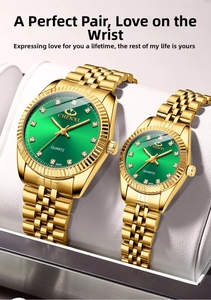 Close-up of gold stainless steel couple watches with green sunburst dials on white stands