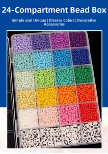 Detailed top view of 24-grid organizer box with colorful glass seed and letter beads