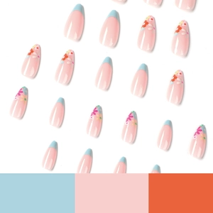 Almond press on nails featuring blue French tips and colorful floral patterns