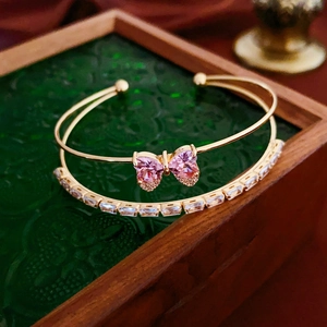 Elegant Pink Zircon Bow Double Layer Open Bangle For Women Gold Plated Copper Bracelet With Cubic Zirconia Bowknot Charm