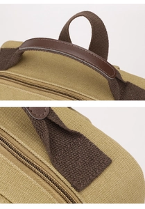 Detailed view of khaki washed canvas stitching and premium brown leather handle reinforcement