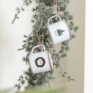 White Christmas tree cup pendants with gold rim and festive Believe and Joy text