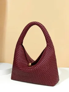 Woven PU Leather Hobo Shoulder Bag And Pouch With Golden Ball Buckle Large Capacity Half Moon Handbag For Women
