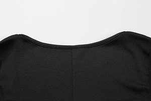 Detail shot of black knitted neckline with clean seams and premium fabric texture