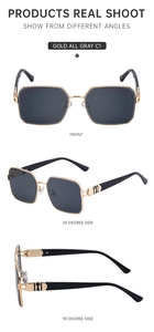 Three angles of square gold frame sunglasses with dark gray lenses in model C1