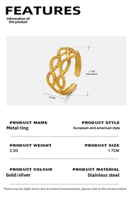 Détails de la bague en acier inoxydable plaqué or 18K avec dimensions et spécifications
