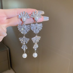 Elegant Fan Bow Tassel Drop Earrings With Alloy Rhinestone Imitation Artificial Pearl And 925 Sterling Silver Earring Post For Women
