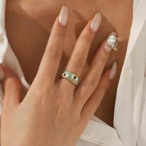 Gold stainless steel evil eye band ring with turquoise enamel inlay for women