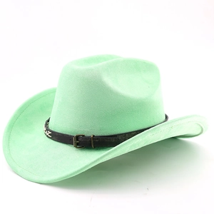 Close-up of black leather strap with metallic buckle and stitching on mint green cowboy hat