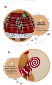 Detail of gingerbread doll with red plaid skirt, white lace trim and striped lollipop