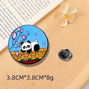 Detailed view of 3.8cm panda enamel pin on roof with cherry blossoms and dimensions