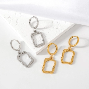 Minimalist Stainless Steel Geometric Hoop Earrings Gold Silver Hollow Rectangular Hammered Texture Dangle Earrings For Women