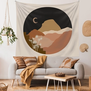 Bohemian tapestry with abstract geometric mountains and moon in warm earth tones