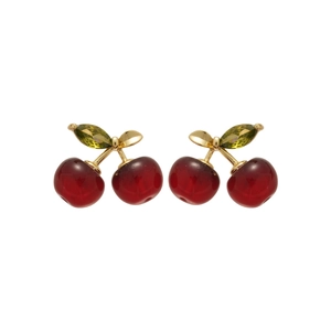 Elegant cherry stud earrings with red resin stones and green leaf gems in gold plating