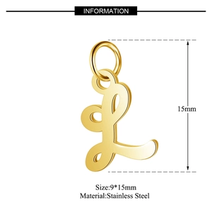 Detailed view of golden stainless steel letter L pendant with 15mm height measurement