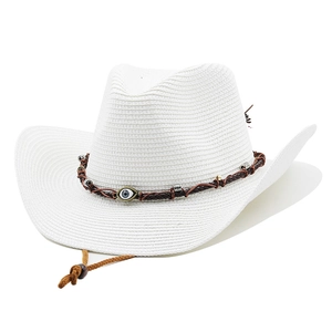 Classic white woven straw cowboy hat with evil eye bead and adjustable chin strap