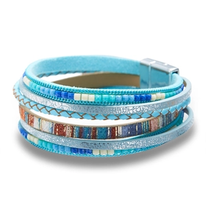 Détails du bracelet multicouche bohème en cuir avec perles et fermoir magnétique argenté