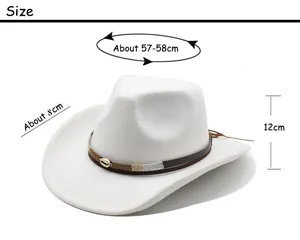 Size chart showing 57-58cm circumference and 8cm brim for the white wool western cowboy hat