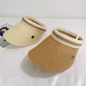 Women's summer straw visor hat with metal M logo and stylish striped band for sun protection