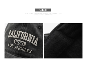 Detail view of high-density California 1850 embroidery on washed cotton baseball cap