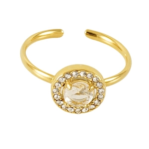 18K gold plated adjustable ring with large round zircon center and pavé diamond halo