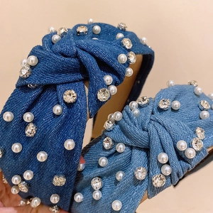 Denim knotted headbands with white pearls and sparkling rhinestones in light and dark blue