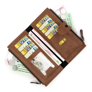 Brown long PU leather wallet for women with multi-card slots and a large coin pocket