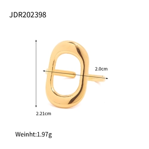 Detail showing gold hollow geometric ring dimensions 2.21cm by 2.0cm and 1.97g weight