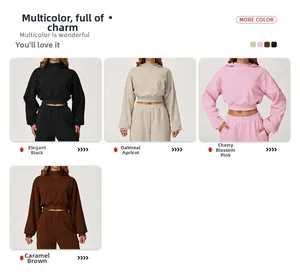 Set of four women's hoodies and high-waisted joggers in black, oatmeal, pink, and brown