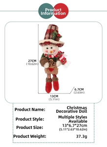Detailed specs for Christmas snowman doll with dimensions 13x6.7x27cm and berry accents