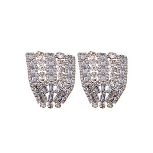 Sparkling silver needle stud earrings featuring radiant square zirconia in a fan shape