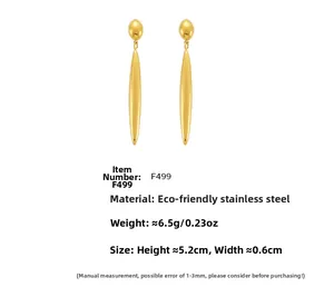 Detailed view of long teardrop earrings in gold-plated stainless steel with dimensions