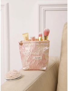 Portable large capacity cosmetic bag featuring pink floral embossed jacquard fabric