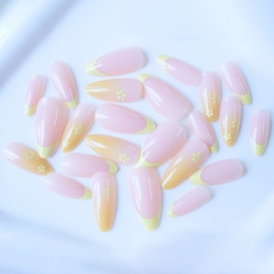 French gradient press-on nails with sweet yellow flower patterns and almond shape set