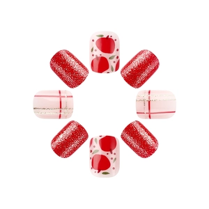 Short glossy square Christmas press-on nails with red glitter and apple patterns