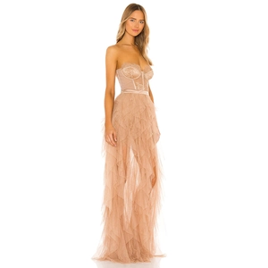 Elegant strapless lace tulle evening gown with a corset bodice and layered skirt