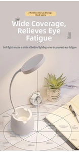 White LED desk lamp with flexible gooseneck and organizer base for pens and smartphone
