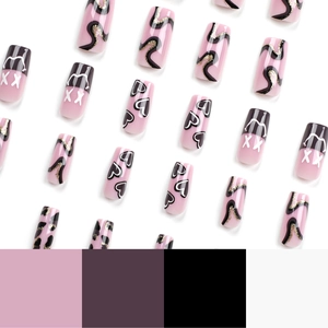 Brown striped heart press-on nails set with stylish pink base and trendy graphics