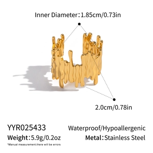 Detail of gold fluid lava texture stainless steel ring showing dimensions and material info