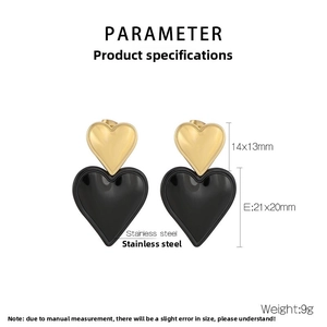 Detailed view of double heart earrings in stainless steel with size and weight specs