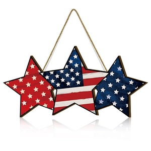 Set of three wooden hanging stars with American flag design for Independence Day decor