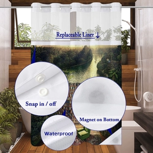 Waterproof shower curtain detail showing snap-in liner, top eyelets, and bottom magnets