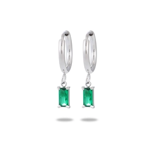 Elegant silver titanium hoop earrings with emerald-cut green zircon pendant drops