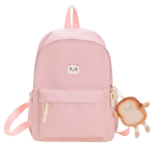 Pink nylon school backpack for kids with cute cat embroidery and toast keychain pendant