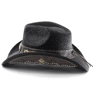 Detailed view of western cowboy hat featuring faux leather band and silver metal rivets