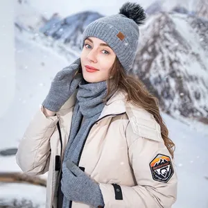 Winter Warm Knit Hat Scarf And Gloves Fleece Lined Wool Blend Touchscreen Pom Pom For Women Men Thick Outdoor