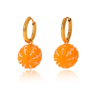 Detailed view of handmade citrus orange slice earrings with golden metal hoops