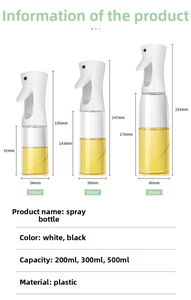 Size comparison chart for 200ml, 300ml, and 500ml glass oil spray bottles with measurements