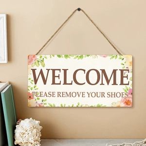 Willkommen Bitte Schuhe Ausziehen Holz Hängeschild Blumenmuster Rustikales Eingangstürschild Mit Hanfseil Heimdeko